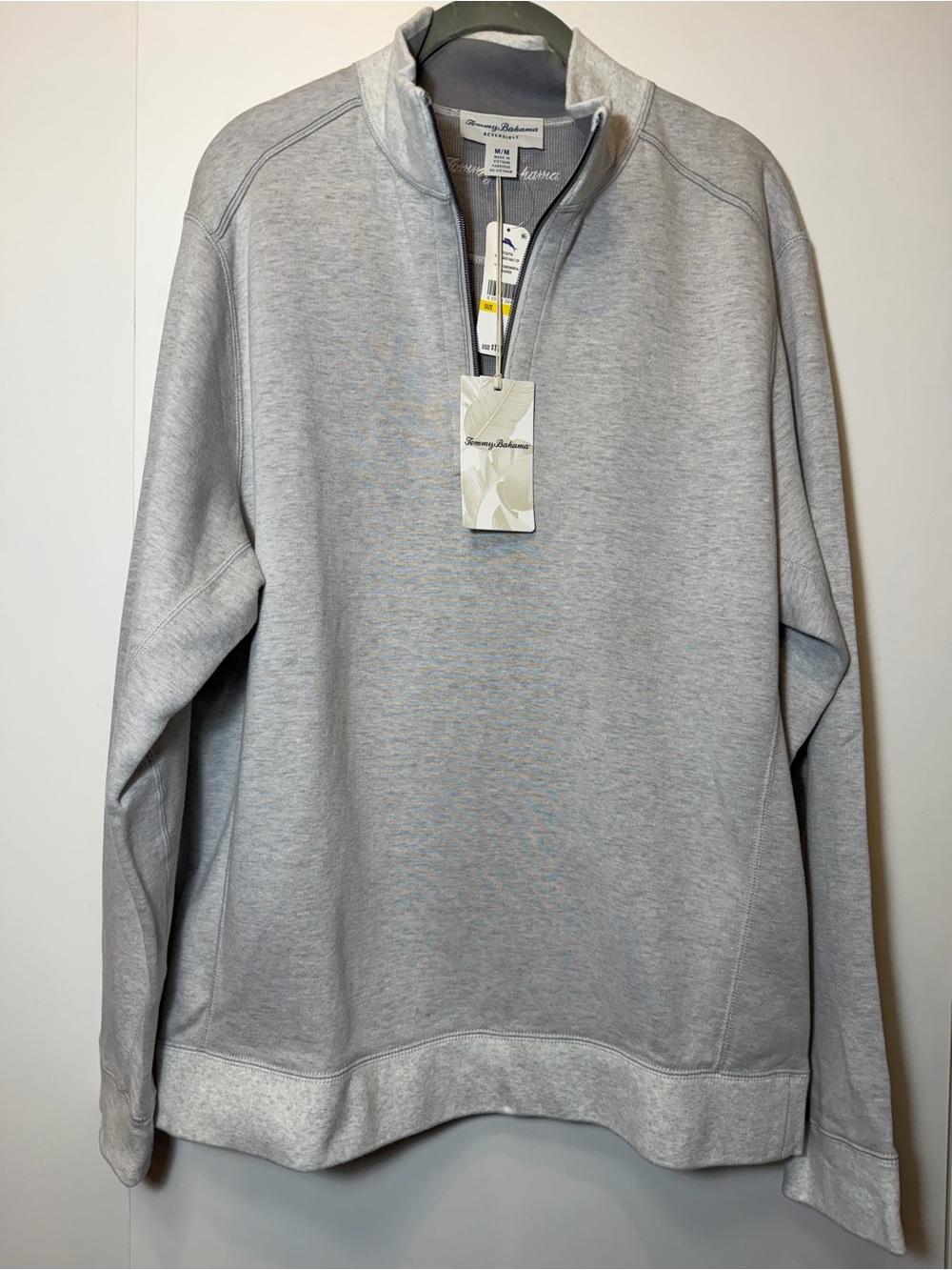 NWT Tommy Bahama Men’s Light Gray Quarter-Zip Sweater reversible SIZE MED